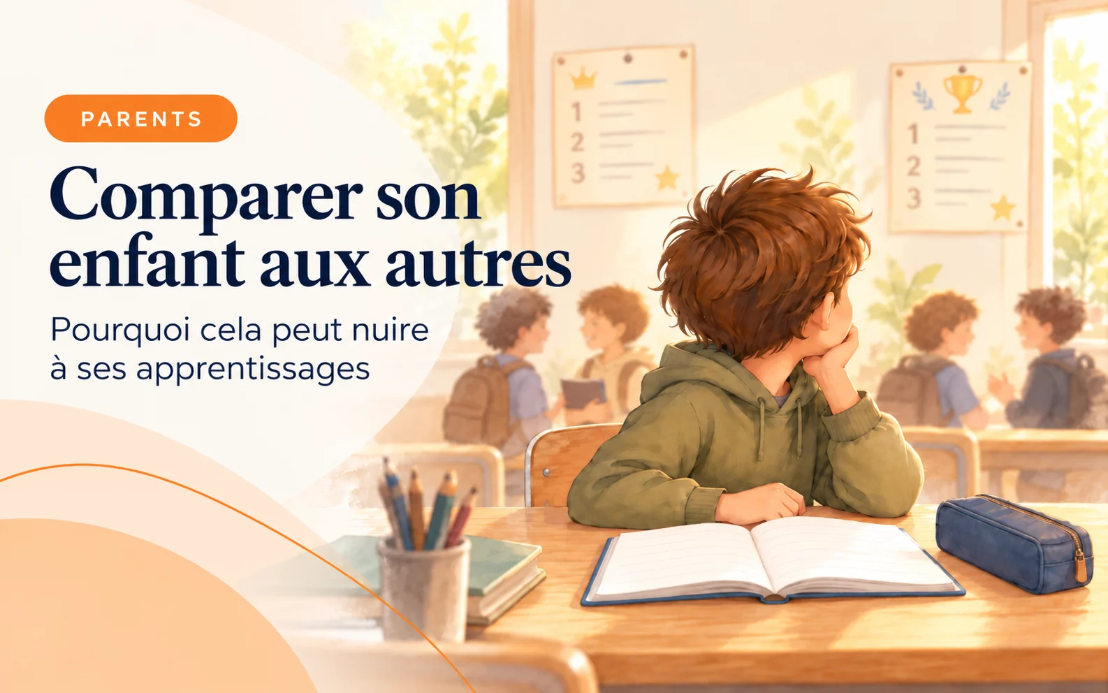 Illustration à l’aquarelle d’un enfant vu de dos, la main sur le menton, assis devant un cahier ouvert dans une salle de classe, avec d’autres élèves au fond et des affichages de classement. Titre : « Comparer son enfant aux autres ».