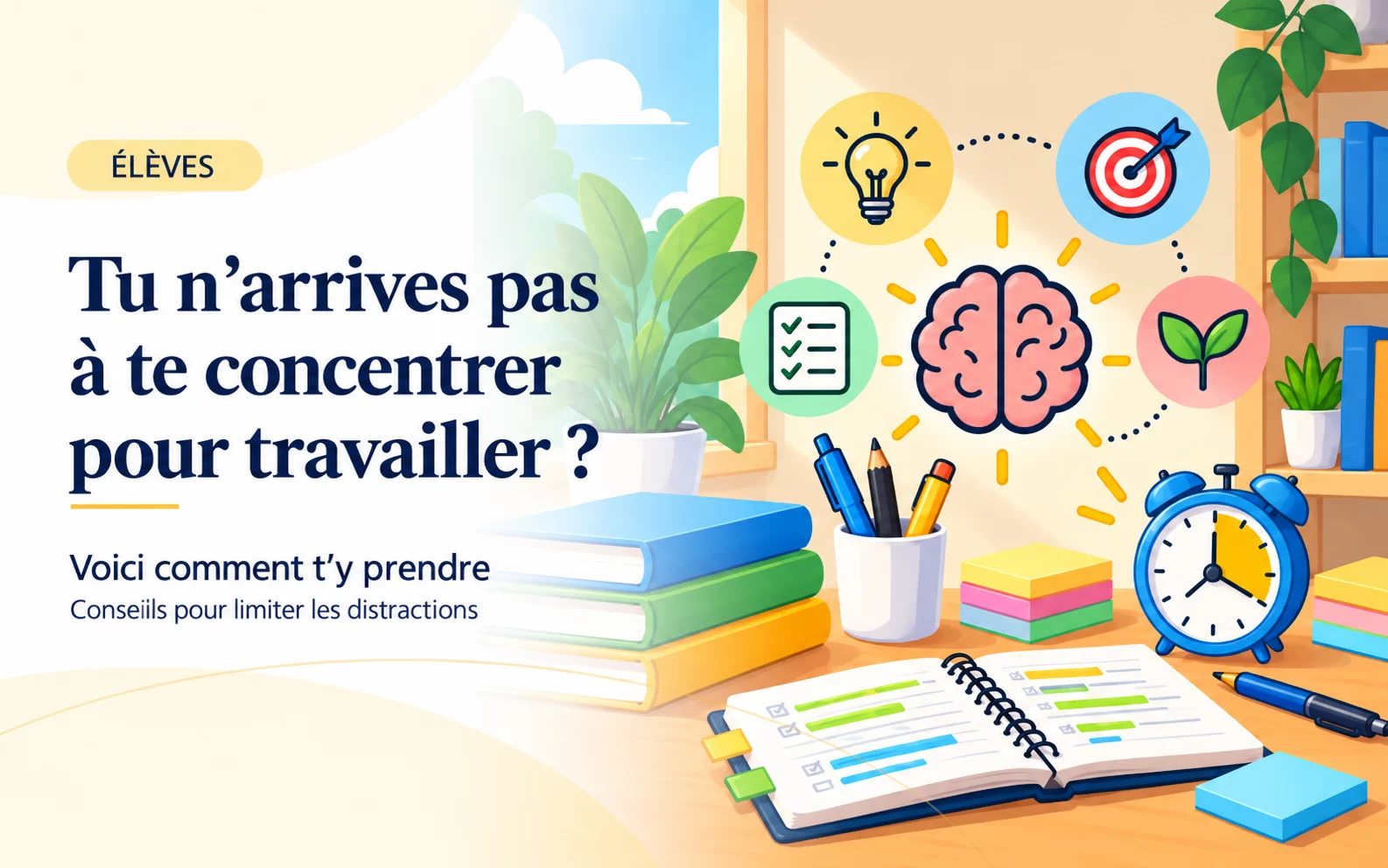Bureau lumineux avec des livres, des stylos, un réveil et un cahier à cases cochées, et un cerveau entouré d’icônes (ampoule, cible, liste, pousse). Titre : « Tu n’arrives pas à te concentrer pour travailler ? ».