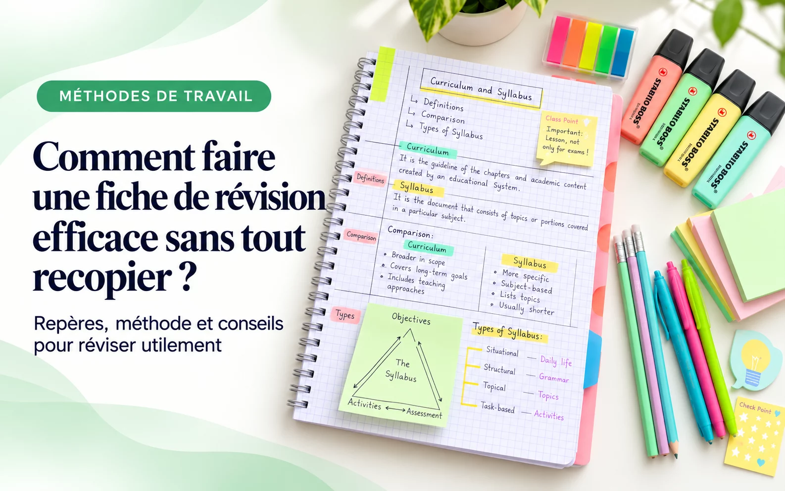 Cahier à petits carreaux ouvert sur une fiche de révision annotée, avec des surligneurs, des notes autocollantes et des crayons de couleur. Titre : « Comment faire une fiche de révision efficace sans tout recopier ? ».