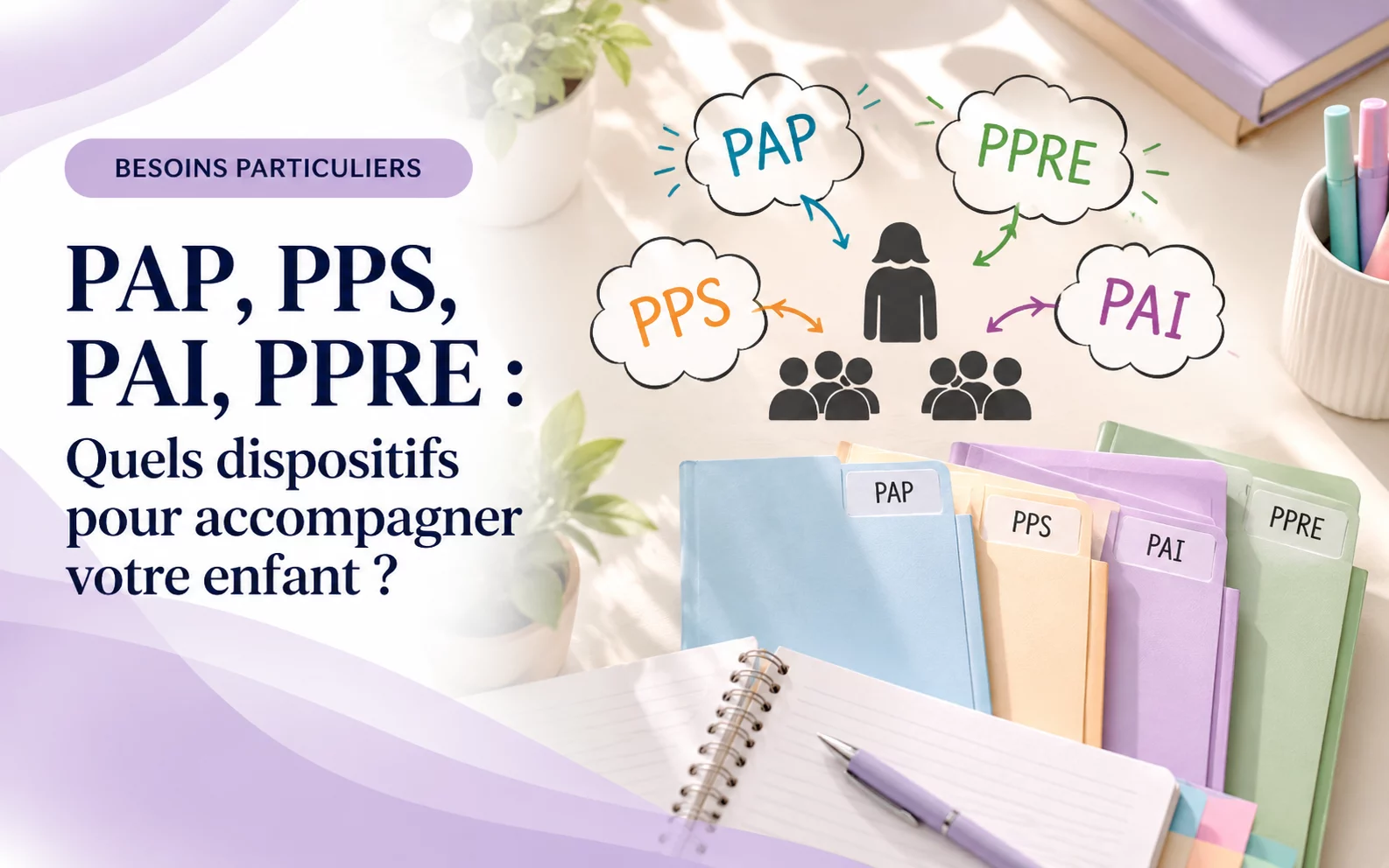 Dossiers colorés PAP, PPS, PAI et PPRE posés sur un bureau, avec des bulles pour chaque dispositif autour des silhouettes d’un élève et de sa famille